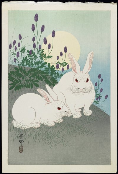 Two White Rabbits Under a Full Moon by Ohara Koson